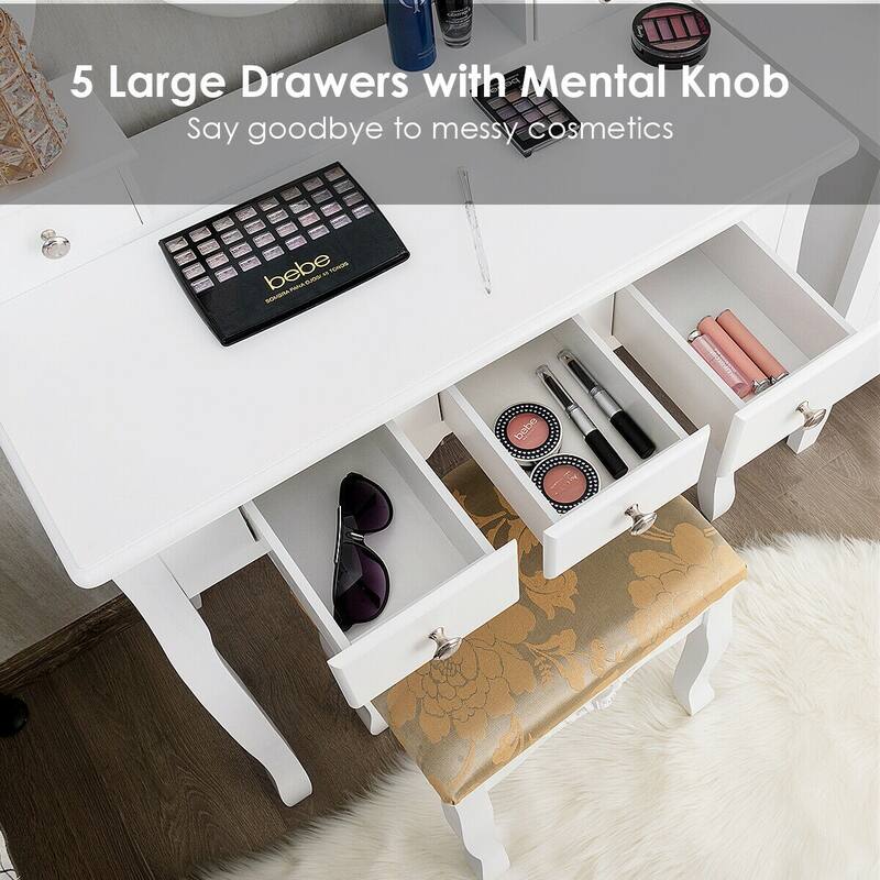 Costway Vanity Table Dressing Table 5 Make Up Table Stool