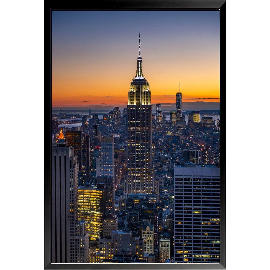 Wayne Collamore New York City Empire State Building Sunset Photography Framed Poster - 24 x 36 Inch