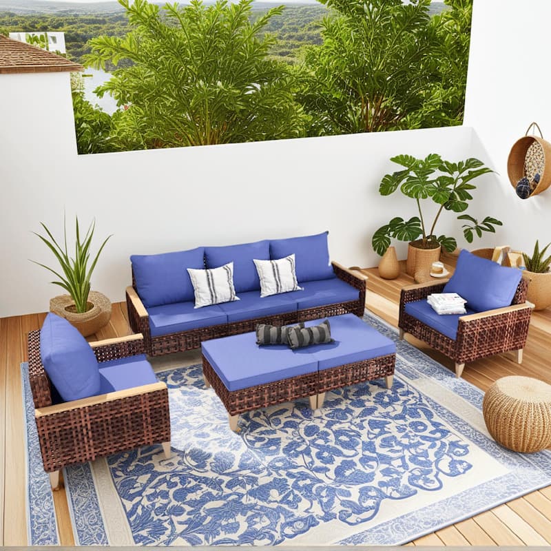 5-Piece High Footed Hollowed Out Rattan Furniture Set - 7-Seat Sofa Set with Cushions - Blue