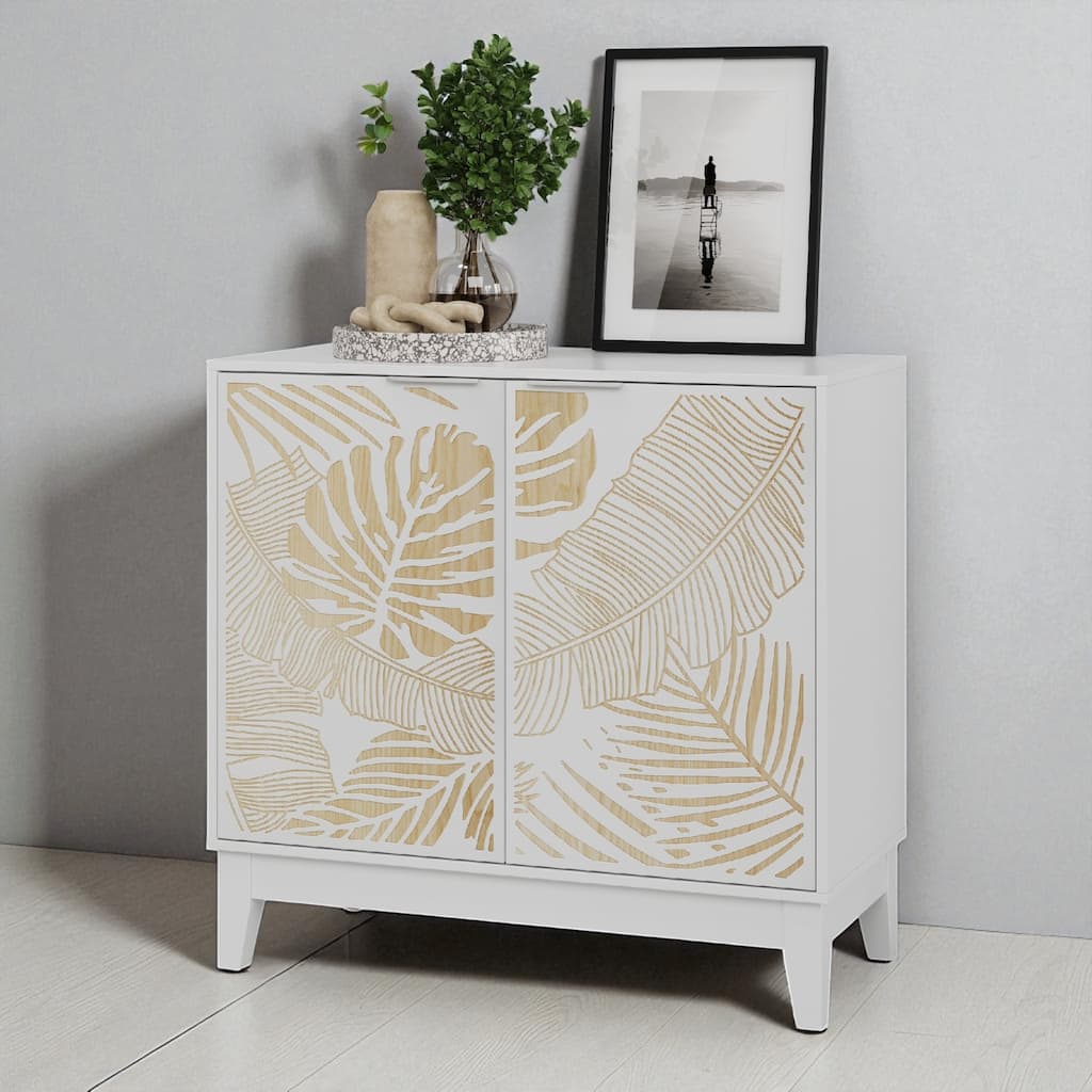 31.5 Inch Vintage Carved Buffet Cabinet with 2 Doors & Adjustable Shelves, Wooden Sideboard for Storage, White MDF