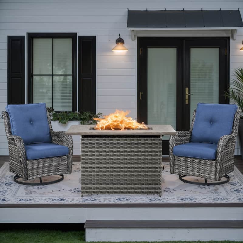 Fire Pit Table with Swivel Outdoor Rattan Chair - Grey - Blue - Grey