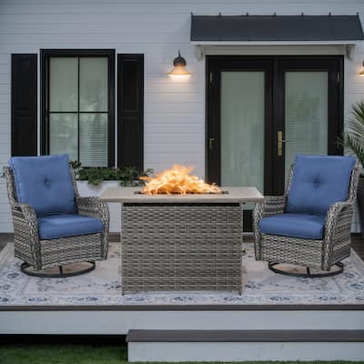 Fire Pit Table with Swivel Outdoor Rattan Chair - Grey