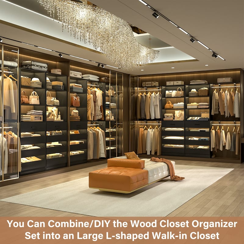 Set of 2 Closet System with Wooden Drawers and Hanging Rods, Closet Organizer with Adjustable Storage Shelves