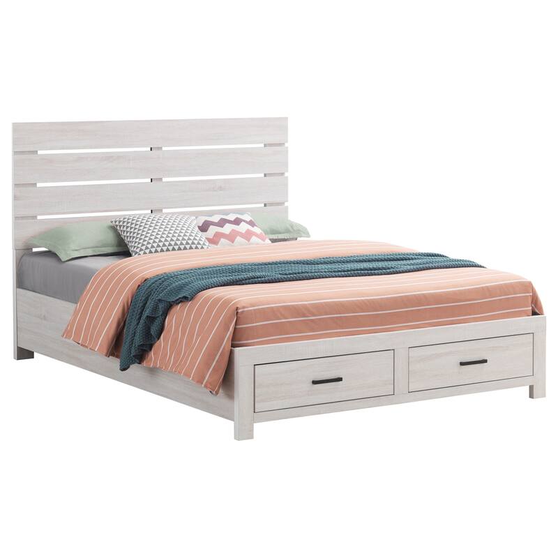 Coastal White Queen Platform Bed with Storage Drawers and Slatted Headboard