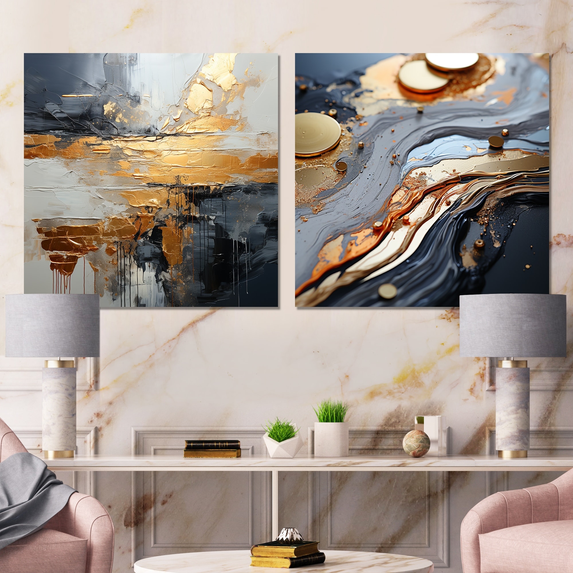 Designart "Gold And Grey Modern Liquid Shapes I" Abstract Modern Shapes Metal Wall Art Set - Modern Metal Art 2 Pieces