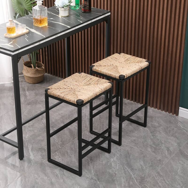 Set of 2 Water Hyacinth Woven Bar Stools, Backless Counter Barstools with Footrest for Kitchen