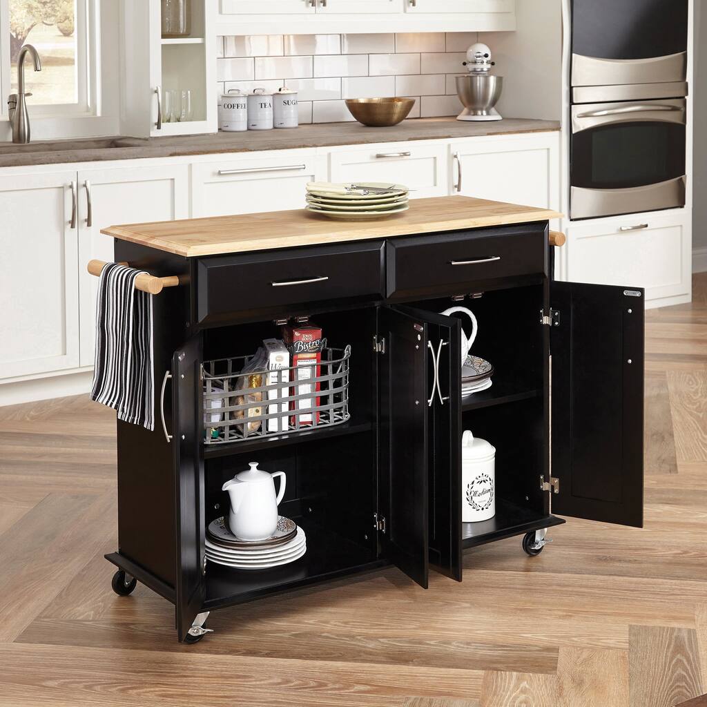 Dolly Madison Black Wood with Natural Wood Top Kitchen Cart