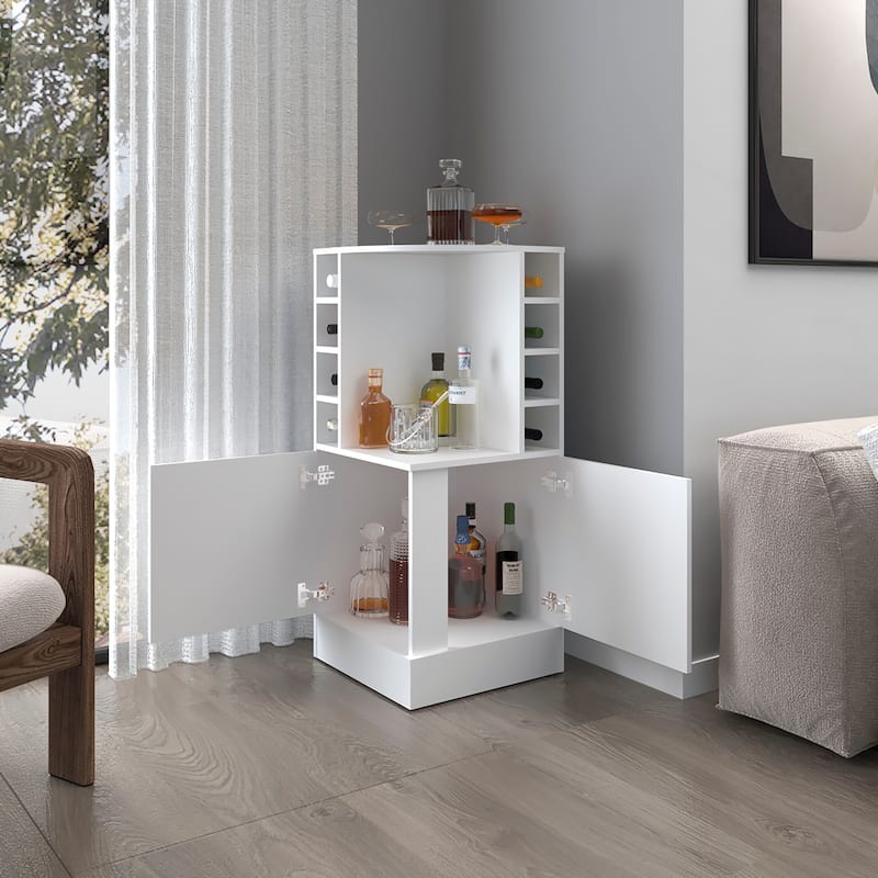 FM FURNITURE Toyei Corner Bar Cabinet with Bottle Rack, Open Shelves, and Hidden Storage, White