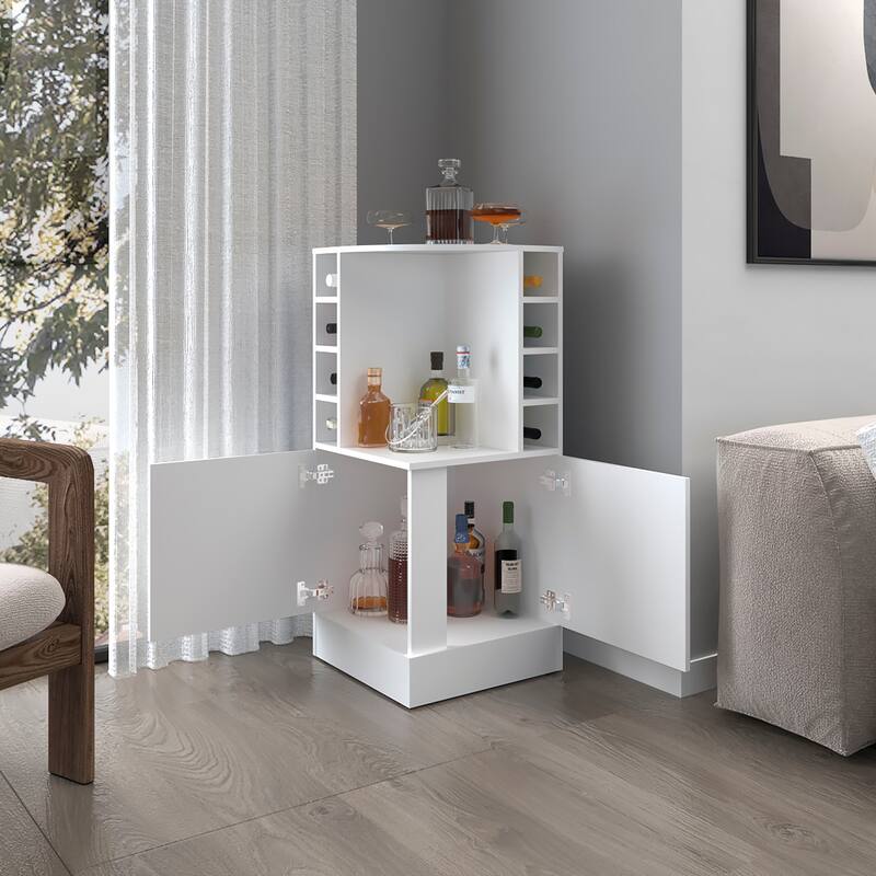 FM FURNITURE Toyei Corner Bar Cabinet with Bottle Rack, Open Shelves, and Hidden Storage