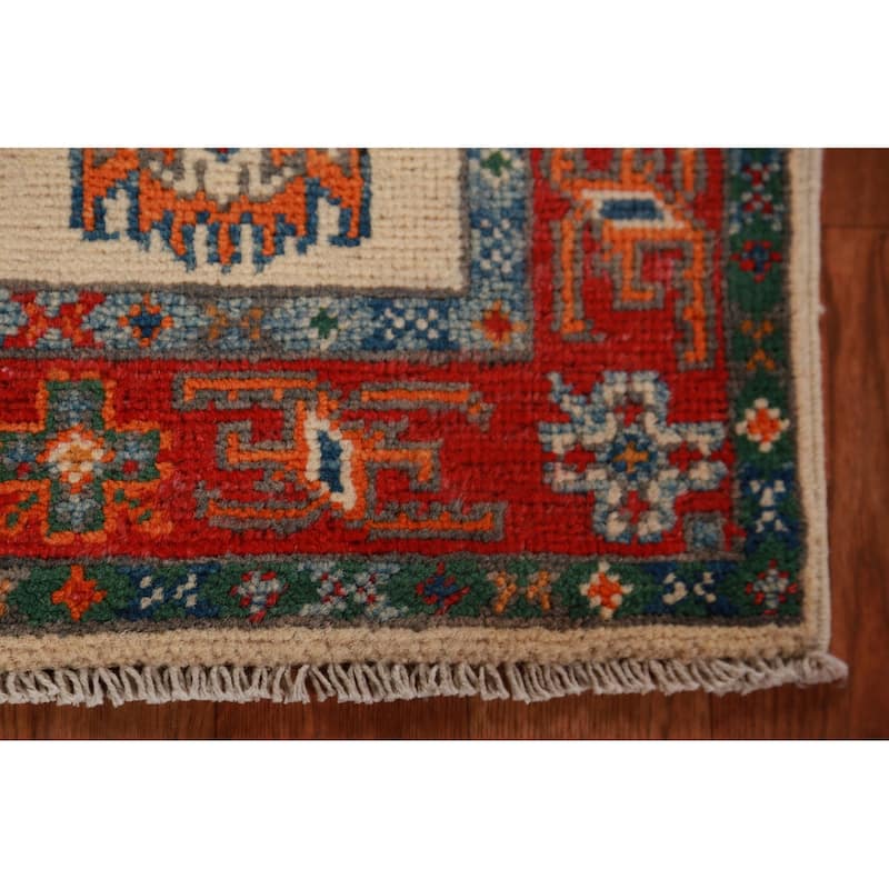 Geometric Kazak Foyer Rug Traditional Beige Handmade Wool Carpet - 2'8"x 4'1"