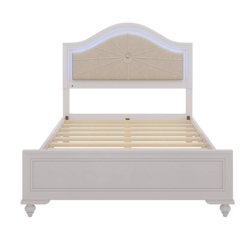 Cream Grey Bed Frame with Curved Hidden Built-in Light Upholstered Headboard Lowprofile Platform Bed Wood Slat Support Panel Bed