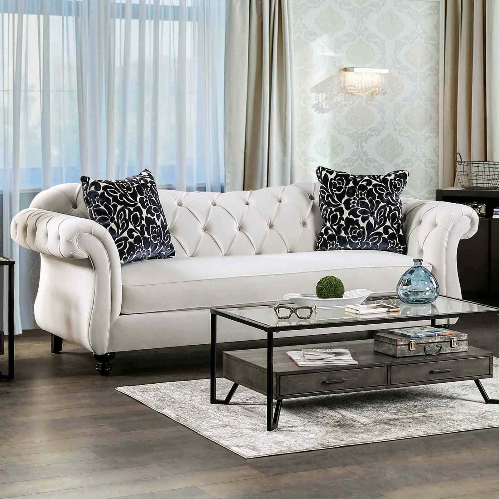 White Finish Solid Wood Deep Tufted Glam 1pc Sofa