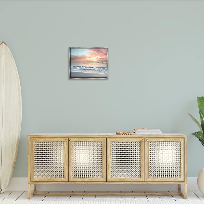 Stupell Morning Sunrise Beach Landscape Distant Mountains Rolling Tide Floater Frame - Orange