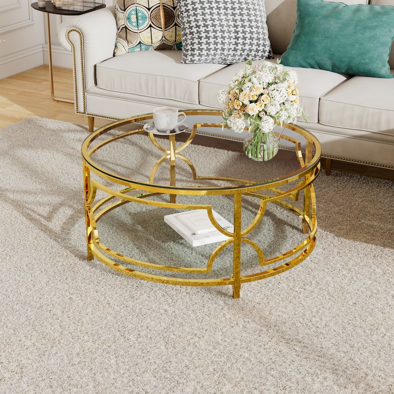 Glass Coffee Table Round Living Room Table, Luxurious Storage Table with Lower Shelf, 30.7" Center Table with Tempered Glass Top