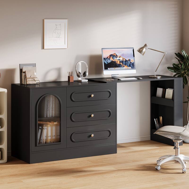 Modern 360° Rotatable Computer Desk with 3 Drawers, L Shaped Corner Executive Desk