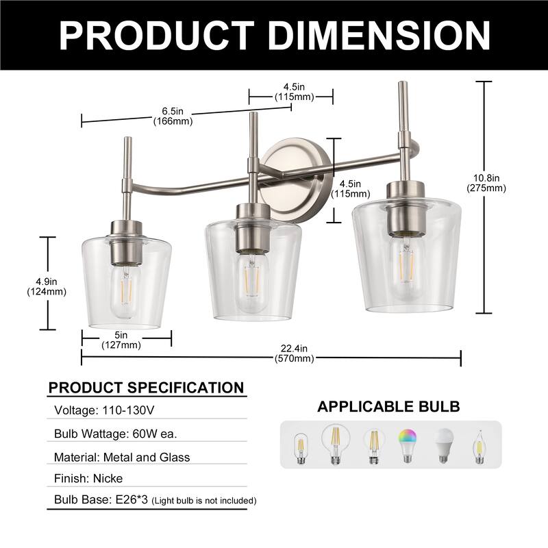 YANSUN 22.4 in. 3-Light Brushed Nickel Vanity Lighting for Modern Bathrooms with Stylish Glass Shades - OA-JQ34201CNK-3A**