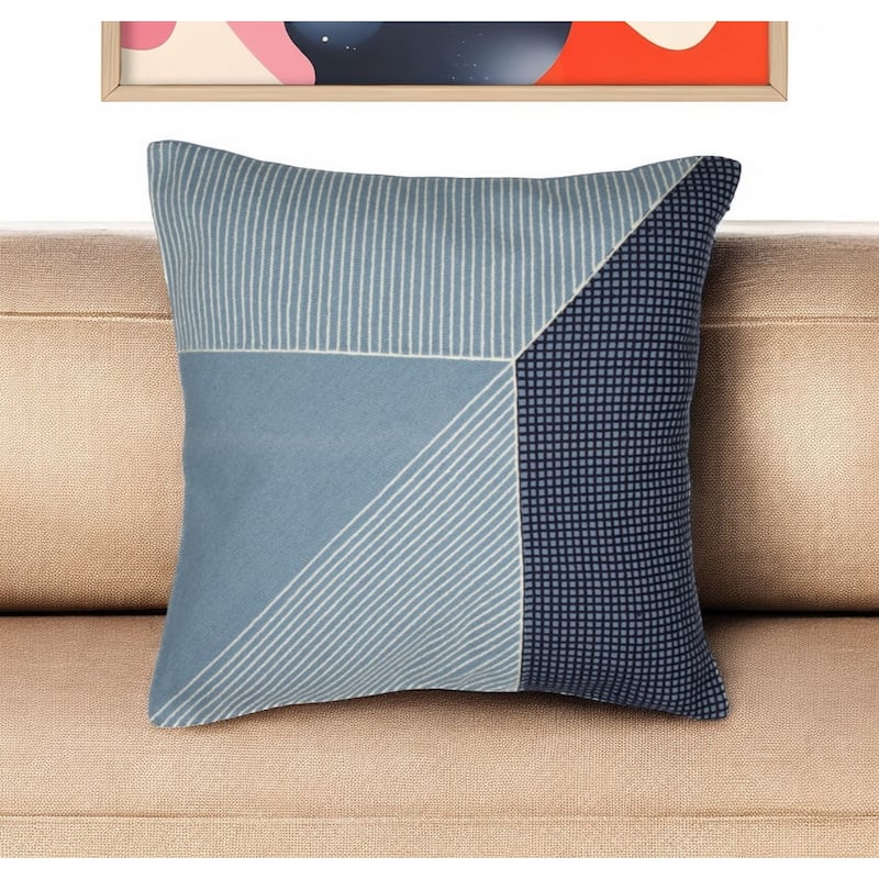 HomeRoots 24" Blue and White Geometric Cotton Throw Pillow With Embroidery - Accent - Polyester