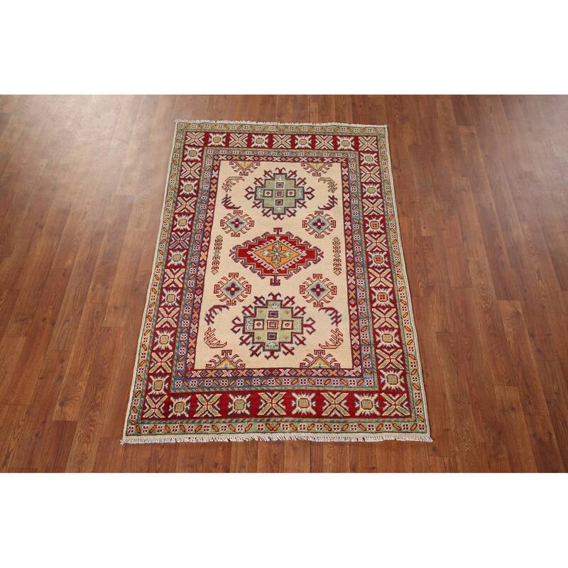 Geometric Beige Kazak Accent Rug Hand-Knotted Wool Carpet - 3'3" x 5'1"