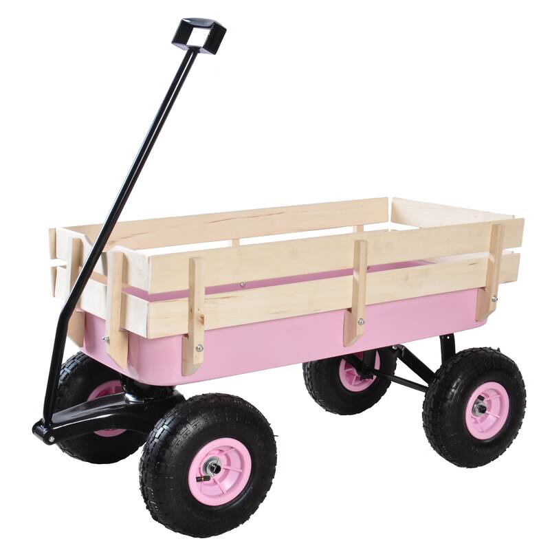 All-Terrain Outdoor Garden Wagon - Wood Railing & Air Tires for Heavy Pulling