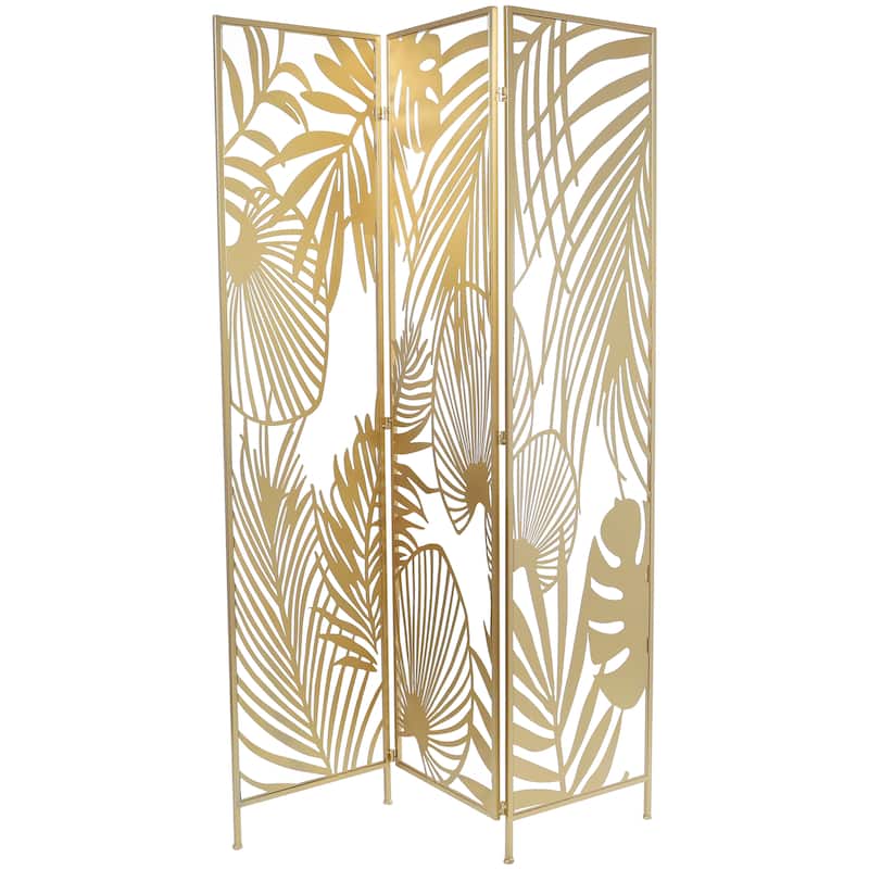 Metal Foldable Partition Cutout Palm Leaf 3 Panel Room Divider Screen - Gold - Roche River Decor - 1"Wx48"Lx71"H