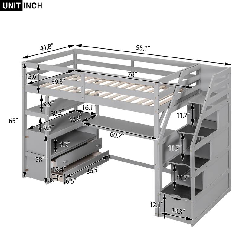 Loft Bed with Desk and Shelves, 2 Built-In Drawers, Storage Staircase