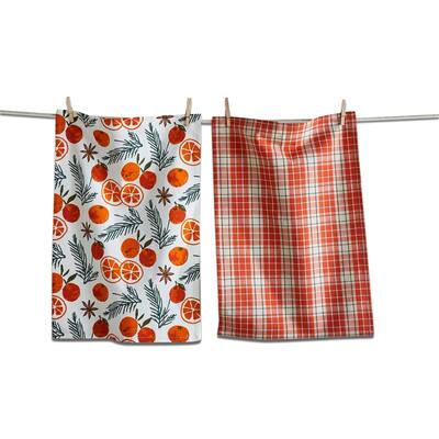 Winter Citrus & Pine Dishtowels Set of 2 - Cotton Kitchen Towels, 26" x 18", Machine Washable, Orange & Green Design