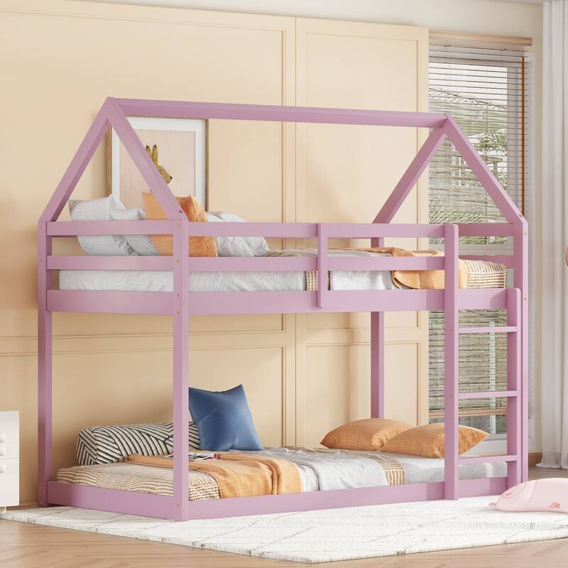 Twin over Twin Rubber Wood Floor Bunk Bed, with ladder,Guardrails,House-Shaped-Bunk Bed