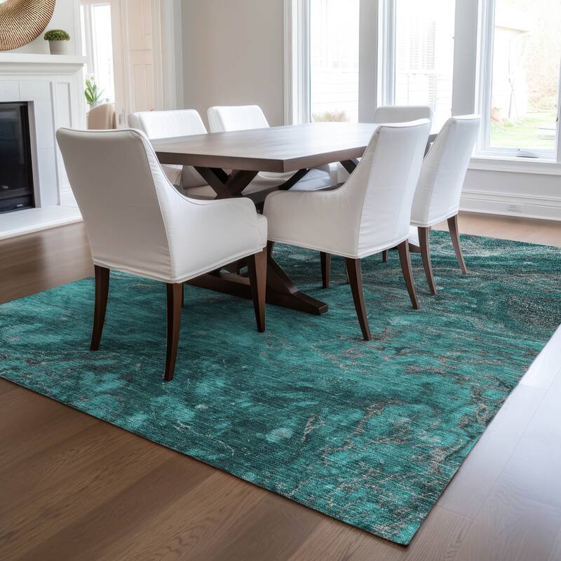 Machine Washable Indoor/ Outdoor Chantille Modern Abstract Rug - Teal - 8' x 10'