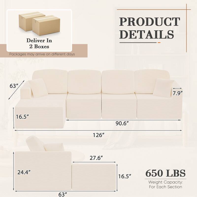 L Shaped Modular Sectional Couch, 126" Boneless Couches for Living Room, Modern Cloud Couch with Chaise Lounge