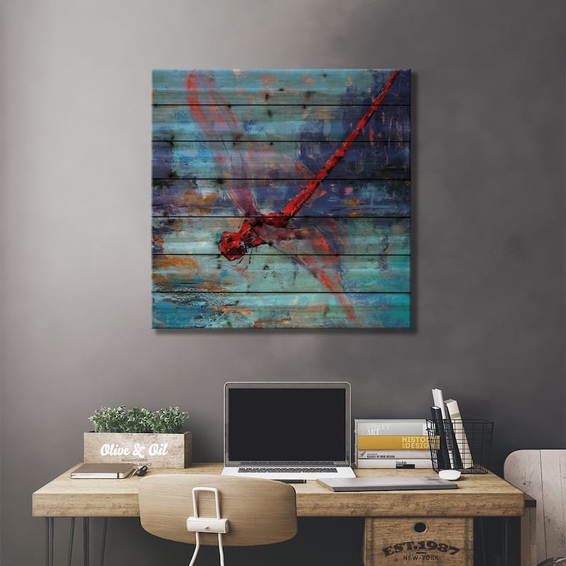 Red Dragonfly I Print On Wood by Olena Bogatska - Multi-Color
