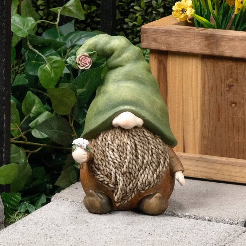 Gnome with Green Hat Holding a Flower