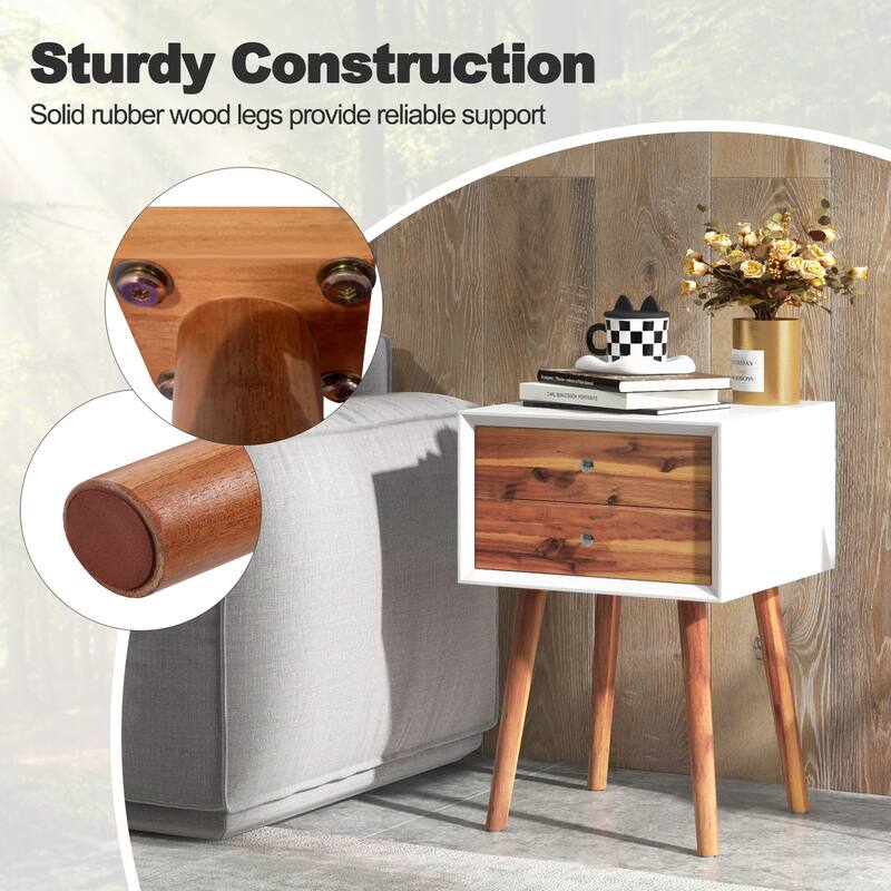 Gymax 2PCS Wooden Nightstand Mid-Century End Side Table W/2 Storage