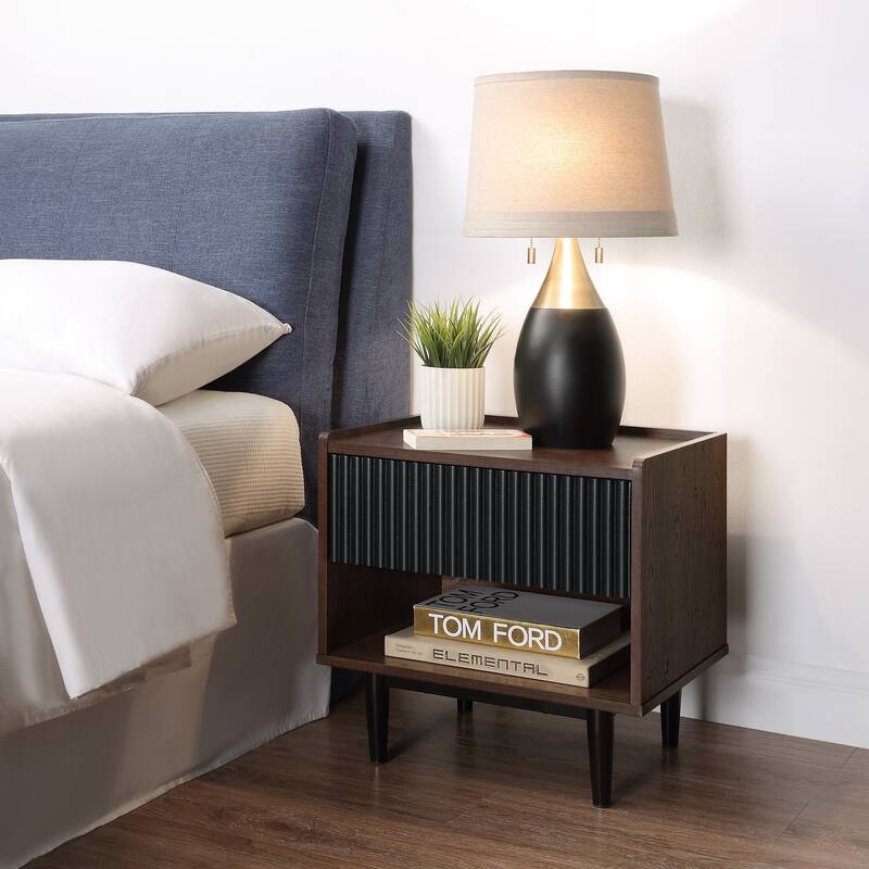 Mid-Century Black Fluted Nightstand with Drawer and Shelf
