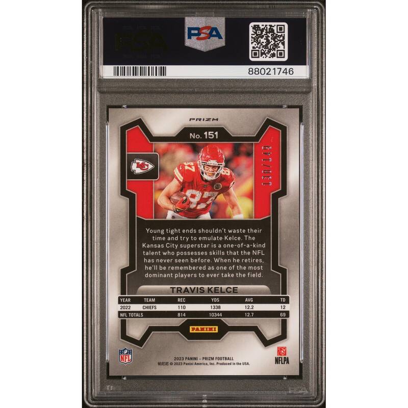 Travis Kelce 2023 Panini Prizm Red Wave Football Card #151 Graded PSA 10 138/149 Cert # 88021746 - 8' x 11'