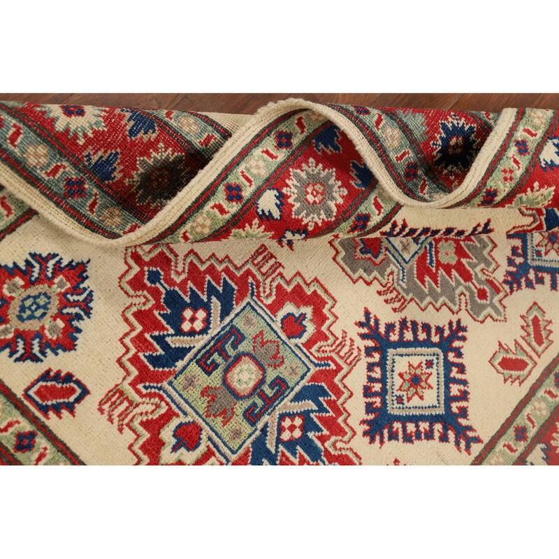 Beige Geometric Kazak Foyer Rug Oriental Handmade Wool Carpet - 3'6" x 5'1"