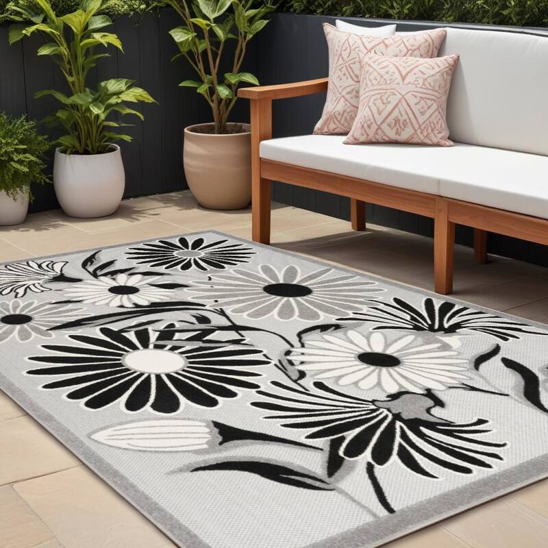 Nato Botanic Elegance Weather Resistant Modern Chic Outdoor Rug - 8' X 11' - 8' X 11' - White/Black