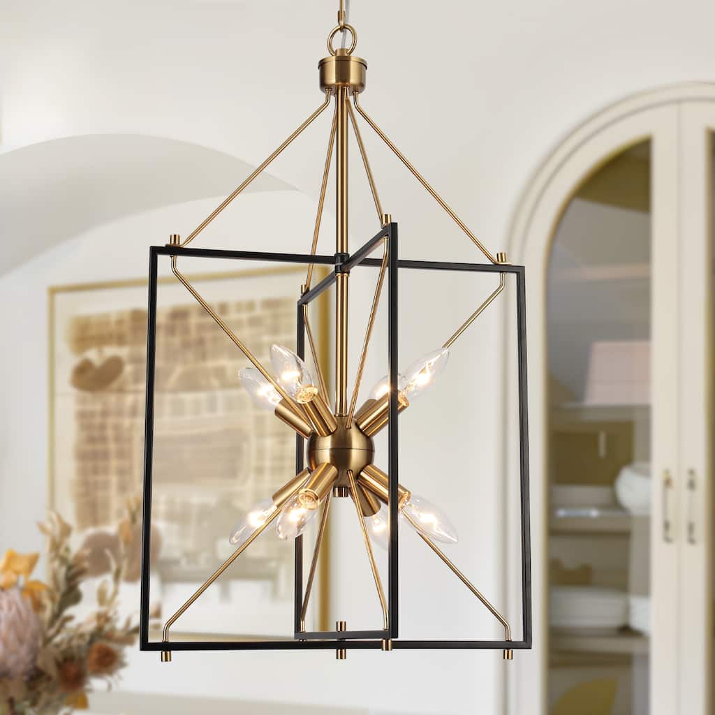 Modern 8-Light Black Gold Starburst Chandelier Metal Pendant Lights for Dining Room - 16" L x 15" W x 26" H