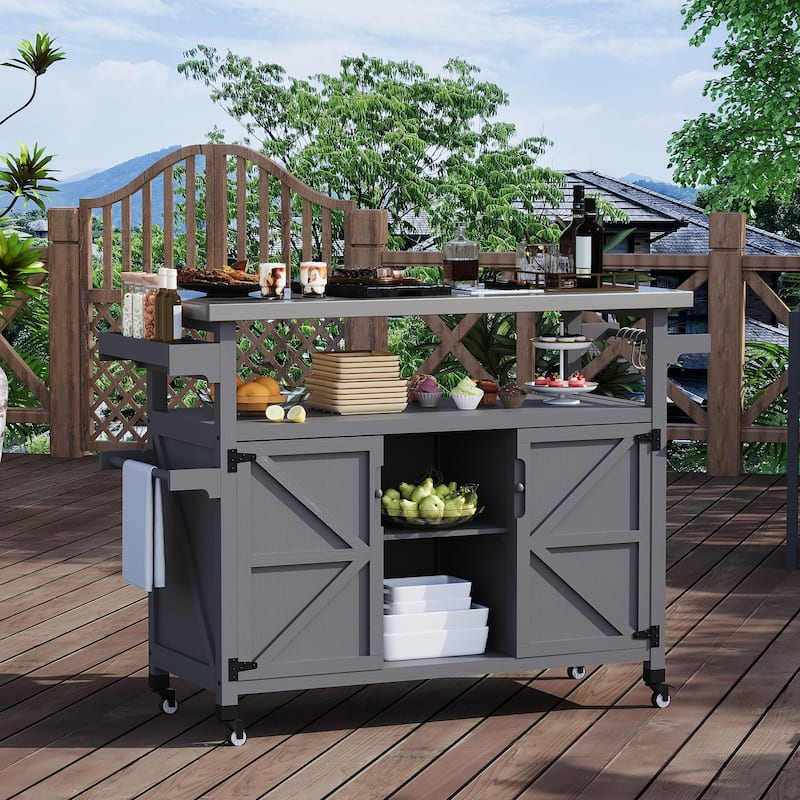 Outdoor Prep Table Grill Cart with Storage Cabinet for Patio BBQ - Grey