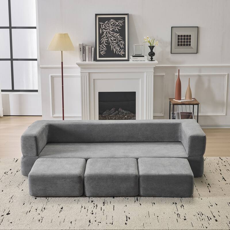 79.14" Chenille 3-Seater Sofa, Foldable Play Mat and Removable Cover