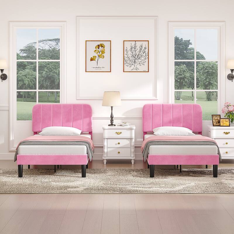 2 Pack Kids Bed Frame Height Adjustable Upholstered Headboard Bed Twin Size Bed Set of 2 - Set of 2 - Pink