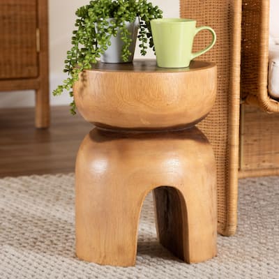 Abrina Solid Suar Wood Side Table - Hand-Carved Sculptural End Table with Arched Base, Modern Boho Style