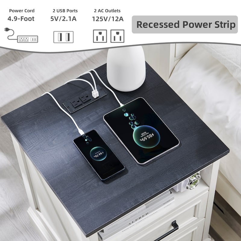 Farmhouse Nightstand Set of 2 with Charging Station, End Table