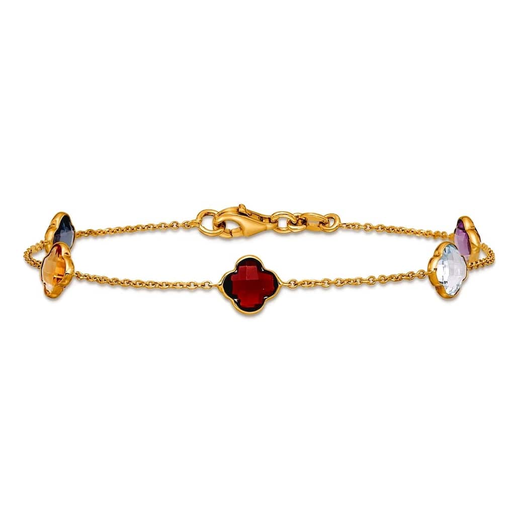 Curata 14k Yellow Gold 7.5" Italian Genuine Gemstone Clover Station Bracelet