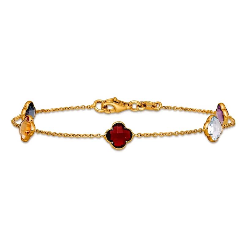 Curata 14k Yellow Gold 7.5" Italian Genuine Gemstone Clover Station Bracelet
