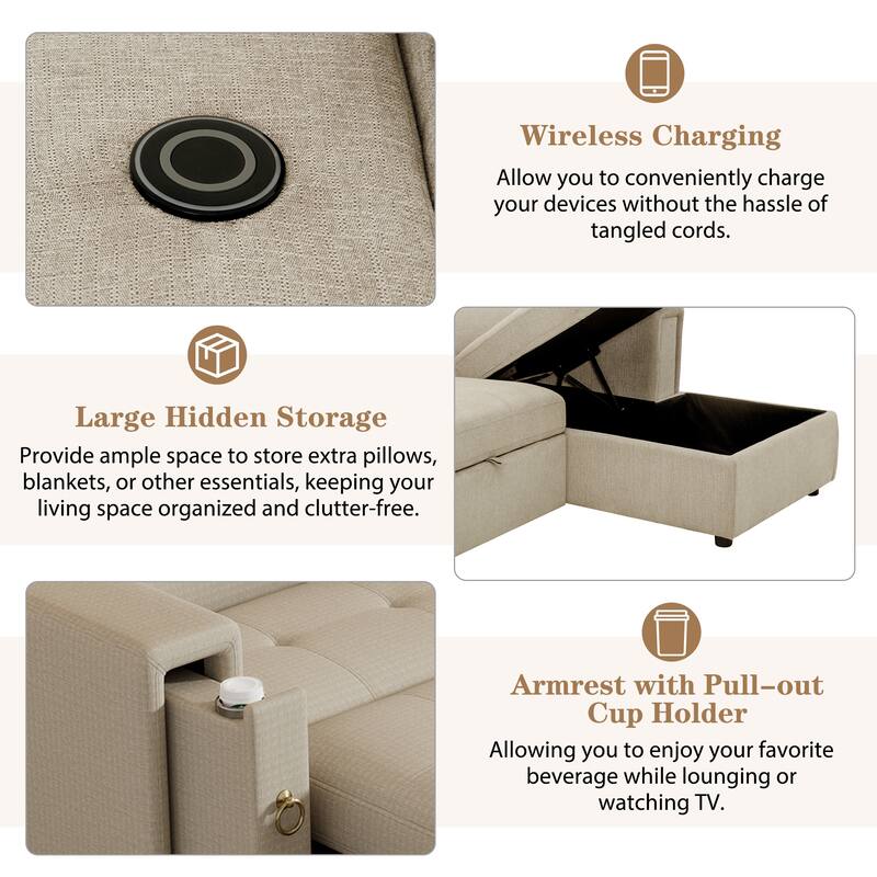 Beige 96" L-Shaped 3-Seater Sectional Sofa with Pull-Out Bed, Wireless Charging, Hidden Storage, and Cup Holders
