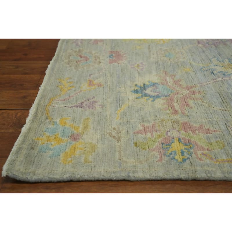 Vegetable Dye Gray Oushak Turkish Runner Rug, Floral Geometric Carpet - 11' 5'' X 3' 1''