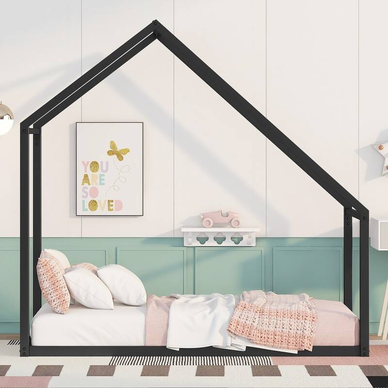 Twin Metal House Bed Frame, Semi-Enclosed Sleeping Space, Easy Assembly