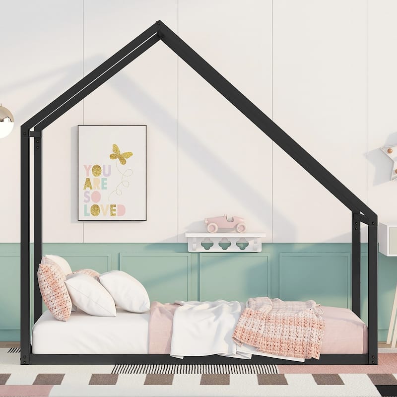 Twin Size Floor Kids Bed, Open Metal House Bed Frame with Roof Design - Black - Twin
