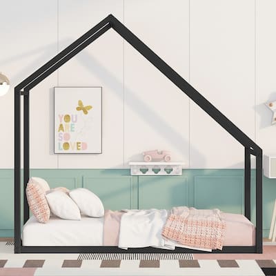 Twin Size Floor Kids Bed, Open Metal House Bed Frame with Roof Design