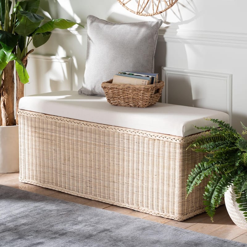 Barid Braided Natural Rattan Storage Bench with Lift-Top - Coastal Boho Chest for Bedroom or Living Room, Natural